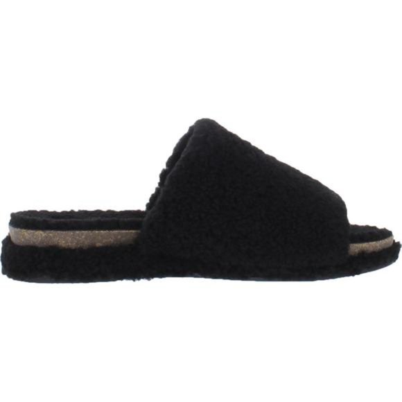 #2 Lucky Brand Gadini Black Faux Fur Open Toe Fleece Slippers - Picture 1 of 7